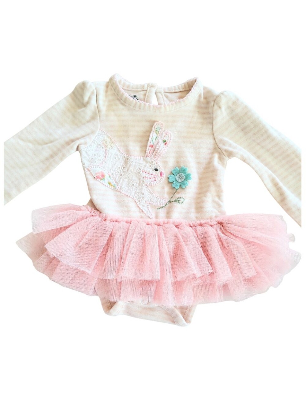 Mud Pie Cream Pink Bunny Rabbit Tulled Tutu Long Sleeve Bodysuit Size 3 To 6M